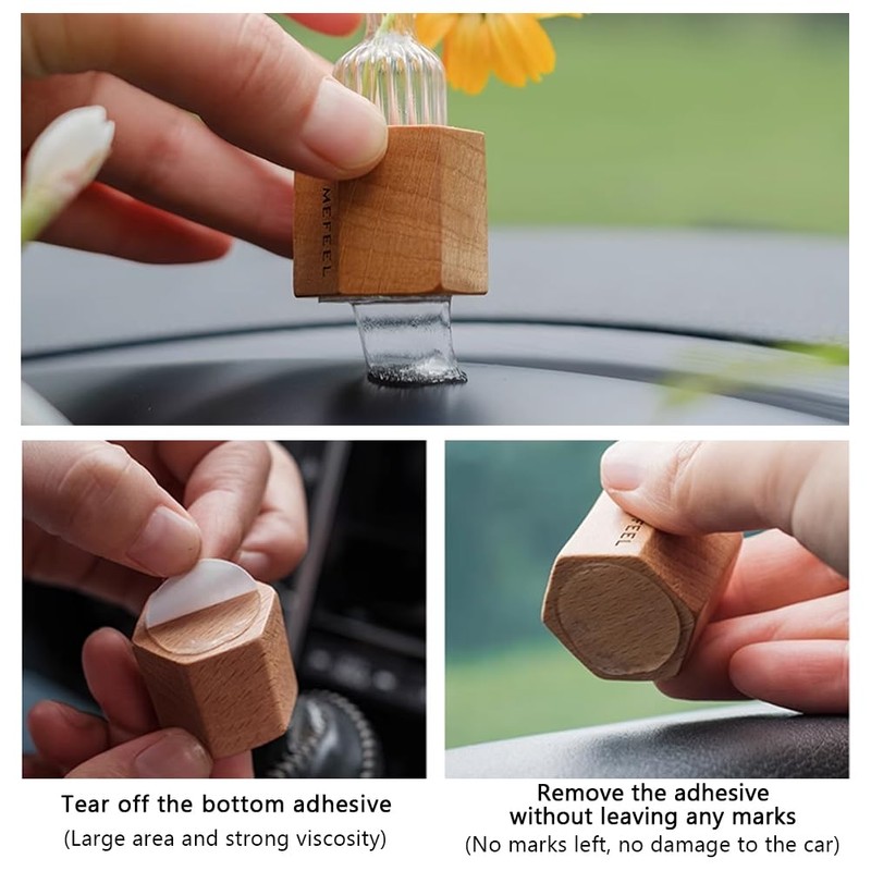 WAYUTO Self-Adhesive Glass Vase with Walnut Stand Removable Car Plant