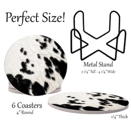Cow Print Black White Country Farm Round Coasters Set of 6 - Abosrbent Ceramic with Metal Stand for Drinks, Coffee, Non-Slip Cork Back (Black)