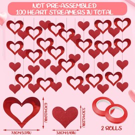 Heart Streamers, Valentines Decorations, 100 PCS Red Heart Decorations Galentines Day Decorations, Romantic Heart Glitter Hanging Streamer Banners, Hanging Hearts For Valentine's Day Party Decorations