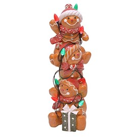 Mark Feldstein & Associates Holiday Stacked Gingerbread Men Tabletop Figurine Decor with LED C7 Bulbs, 12 Inch