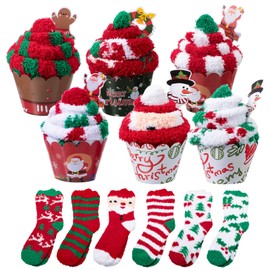 Jeyiour 6 Pairs Fuzzy Socks for Women Cupcake Socks DIY Gift Thick Cozy Bed Socks Soft Fluffy Socks Winter Warm Slipper Socks with Gift Boxes
