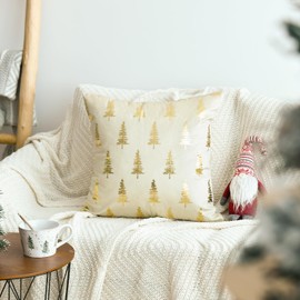 AVOIN colorlife Christmas Beige Velvet Throw Pillow Covers 20 x 20 Inch, Gold Foil Print Christmas Tree Design, Glitter Accent Cushion Case Luxury Decoration for Sofa Couch Home Set of 2