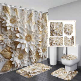 Chrainy 4Pcs 3D Floral Shower Curtain Sets Elegant White Blossom Flowers Bathroom Accessories Set Modern Minimalism Waterproof Spring Bathroom Decor with Rugs and 12 Hooks