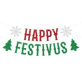 Happy Festivus Banner, Winter Merry Christmas Holidays Bunting Sign, Happy New Year 2025/Eve Celebration Party Decorations Supplies, Red and Green Glitter