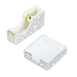 Buqoo 2 PCS Bling Crystal Handmade Diamond Sticky Note Holder and Tape Dispenser Office Supplies Dazzling Rhinestone Bling Desk Accessories for Women Office (Silver)