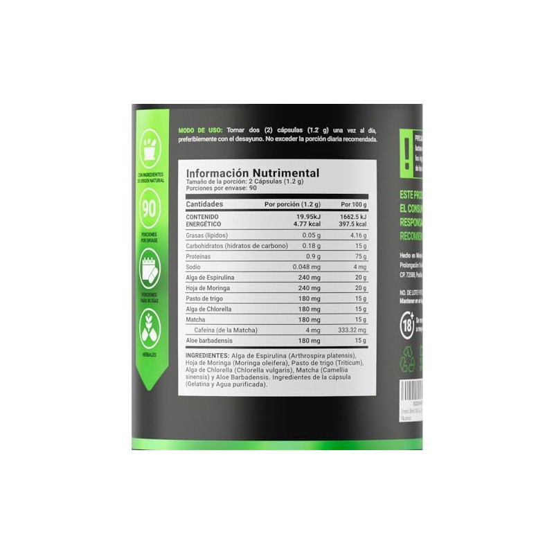 Greens Blend 180 Cápsulas Ingredientes Naturales Espirulina Moringa Weathgrass Clorela