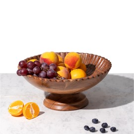 QIQAA Acacia Wood Fruit Bowl for Kitchen Counter, Large Wood Bowls Decorative Pedestal Bowl, Fruit Bowls for Farmhouse Kitchen Wood Decor 12 inches by 5.25 inches