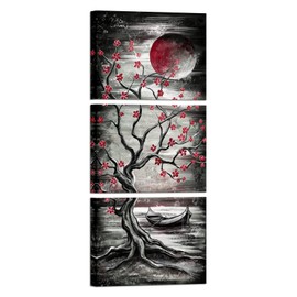 KREATIVE ARTS 3 Piece Full Moon Tree Canvas Wall Art Modern Abstract Black and White Tree Landscape Painting Prints for Bedroom Bathroom Decor Gallery Wrapped Artwork Ready to Hang (Red)