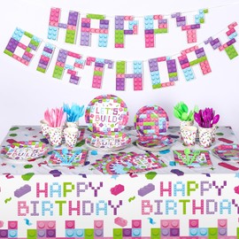 Gejoy 171 Pcs Building Blocks Birthday Party Supplies Tableware Kit Include Plates Cups Knives Forks Spoons Napkins Tablecloths and Banner for Girls Birthday Party Decorations Serve 24 Guest (Sweet)