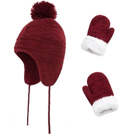 Toddler Winter Hat with Mittens Set - Baby Kids Warm Fleece Knit Beanie Hat & Thick Gloves Skiing Cap for Girls(Wine Red, S/1-3 Years)
