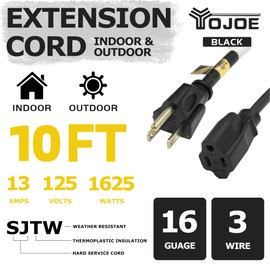 YOJOE 10 Foot Black Outdoor Extension Cord - 16/3 SJTW Waterproof Extension Cable with 3 Prong Grounded Plug - 16 Gauge Extension Cord for Garden, Lawn, Yard Decorations Outdoor - UL Listed