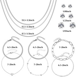 ElegGlo 10 PCS Gold Plated/Silver Jewelry Set for Women,1 PCS Chain Necklace, 6 PCS Bracelet, 3 PCS Stud Earrings for Women Valentine Anniversary Birthday Friendship Gift