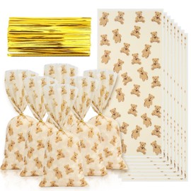 Auiremrti 50 Pieces Bear Design Cellophane Bags, Plastic Candy Bags with 50 Gold Twist Ties, Baby Shower Treat Bags, Sweet Gift Bags