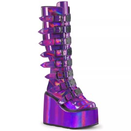DEMONIA SWING-815 Wedge Platform Goth Purple Holographic Women Knee High Boots - 7