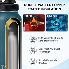 Trek Leaf Travel Water Bottle with 3 Lids (Spout, Straw, Flip) Leak Proof, Quality, Vacuum Insulated, Stainless Steel (Cascade Shadow, 32 oz)