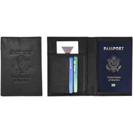 Genuine Cowhide Leather Black RFID-Blocking Passport Cover Case Holder & Wallet