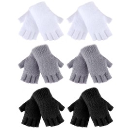 6 Pairs Fuzzy Winter Fingerless Gloves Half Finger Gloves Warm Stretchy Gloves with Finger Holes Women's Cold Weather Gloves (Black, White, Gray, Coral Fleece)