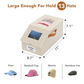 Baesyhom 2 Pcs Extra Large Hat Organizer & Storage Box for Baseball Cap with Dual Clear Windows Dust-Proof Double Zipper, Stackable Design & Sturdy Handles for Closet, Beige