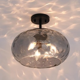 Wrlmfy Matte Black Semi Flush Mount Ceiling Fixture Large Smoked Hammered Glass Shade Modern Close to Ceiling Light 14" Art Lampshade for Hallway Foyer Bedroom