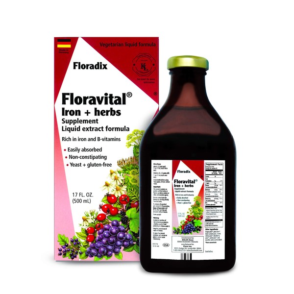 Floravital Liquid Iron Supplement + Herbs 17 Ounce LARGE - Vegan, Non GMO & Gluten Free - Non Constipating, Yeast Free for Men & Women