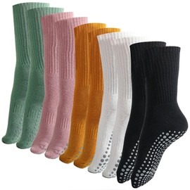 Dress Cici Grip Socks for Women, Non Slip Yoga Pilates Slipper Socks, Quarter Anklet Barre Sock (5 Pairs: Black+Green+Ginger Yellow+Cameo Brown+White)