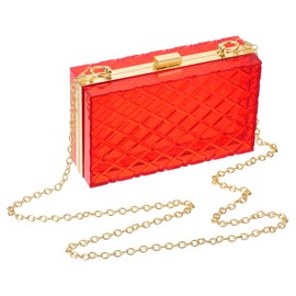 QUARKZMAN Women's Clear Purse, Acrylic Clear Clutch Bag, Diamond Lattice Acrylic Purses, Transparent Crossbody Handbag with Removable Chain for Travel, Office, Transparent Red/Gold
