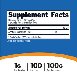 Nutricost Acetyl L-Carnitine HCI (ALCAR) 100 Grams per Container - 1G Per Serving - Non-GMO, Gluten Free, Unflavored