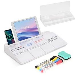 Desktop Glass Whiteboard with Storage, Weekly Calendar Desk Dry Erase White Board, Desk Organizers and Accessories, Weekly Planner Board for Planning, Memo, Note, Office, Home, College, School - White