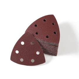 LEONTOOL 50 Pcs Triangle Sanding Pads 120 Grit 3-1/2 Inches Hook and Loop Triangle Sandpaper 6 Holes Oscillating Multitool Sanding Pads Detail Sander Sandpaper for Wood Metal Stone Polishing