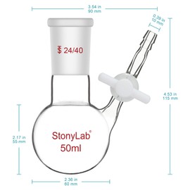 Stonylab Reaction Flask - Borosilicate Glass Single-Neck Flask with 24/40 Joint and PTFE Stopcock Valve, Round Bottom, 50 ml
