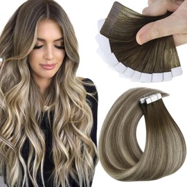 Sunny Hair Tape in Hair Extensions Real Human Hair Invisible Remy Hair Extensions Tape ins for Women Cool Brown Ombre Light Brown Balayage Medium Blonde 12 inch 20G