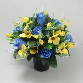 Just Because Flowers Spring Artificial Grave Flower Arrangement with Blue Rosebuds and Yellow Mini Alstroemeria