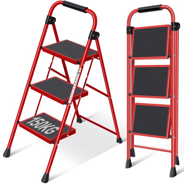 KINGRACK 3 Step Ladder, Folding Ladder with Non-Slip and Wide
