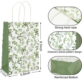 JarThenaAMCS 24Pcs Greenery Paper Bags Watercolor Green Eucalyptus Leaves Gift Bag with Handle Candy Goodie Treat Bags for Spring Wedding Baby Shower Party Favor Supplies