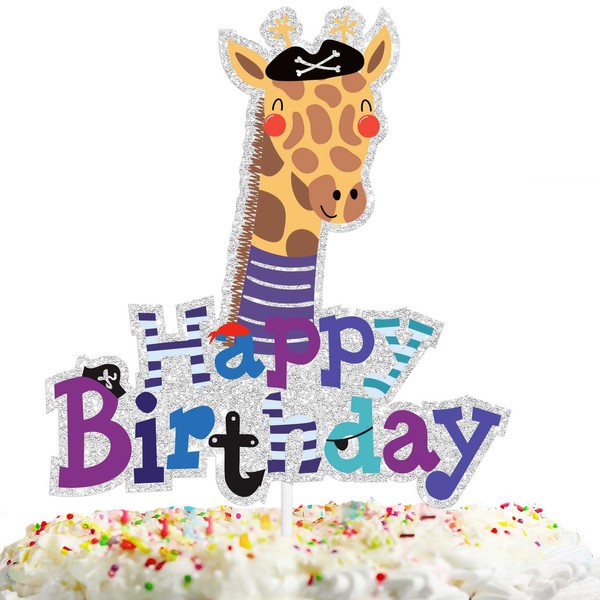 Decoración para tarta de jirafa pirata para niños y niñas, feliz cumpleaños, baby shower, zoológico salvaje, pirata, decoración de tartas, animales de la selva, bosque, búsqueda del tesoro, purpurina