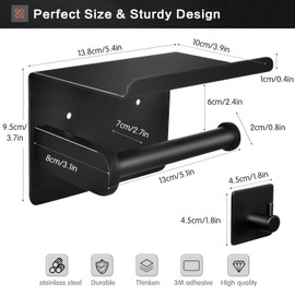Tindbea Toilet Paper Holder with Phone Shelf + Towel Robe Hooks, Adhesive or Screw Wall Mounted Toilet Paper Roll Storage Dispenser, Stainless Steel Bathroom Tissue Roll Holder (Matte Black)