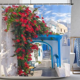 Abaysto Shower Curtain Polyester Fabric Waterproof Bath Curtain, 3D Digital Painting Pattern for Shower Stall, Bathroom Curtains with 12 PCS Hooks (180x180cm, Greek Bougainvillea)