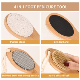 KALESUKI Foot File Callus Remover, Multi-purpose 4 in 1 Feet Pedicure Scrubber Exfoliator Tools with Foot Care Bristle Brush, Pumice Stone, Mental Foot Rasp, Sand Paper and Bamboo Handle
