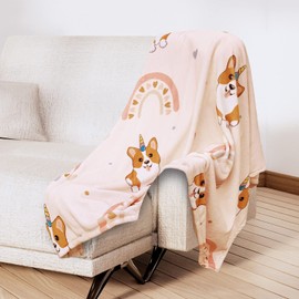 Corgi Blanket for Girls Rainbow Unicorn Corgi - Soft Girls Kawaii - Pink Rainbow Bedding - 60 x 60in Plush Fleece Throws