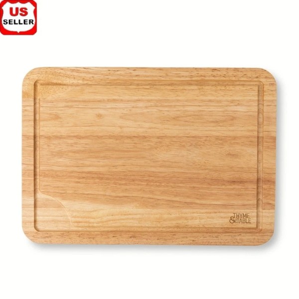 Extra Large Rubberwood Cutting Board Juice Well Non-Slip Feet Blade