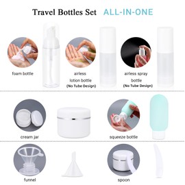 UMETASS - Juego de 17 botellas de viaje para artículos de cambiador, recipientes de viaje a prueba de fugas con bolsa de aseo aprobada por la TSA para loción de tóner y crema, Blanco
