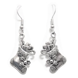 Stocking – Cute – Filled – Solid – Reversible - 25x16mm - Antique Silver alloy charm dangle earrings. Choose the backings you prefer. Hypoallergenic Fishhook, Ball-Post, or Clip-on Earring Opts.