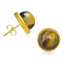 Tiger Eye Stone Stud Post Earrings,8MM Natural Stone Earrings Studs for Sensitive Ears,Retro Dainty 18K Gold Plated Earrings,Round Natural Gemstone Stud for Birthday Anniversary Gifts (brown)