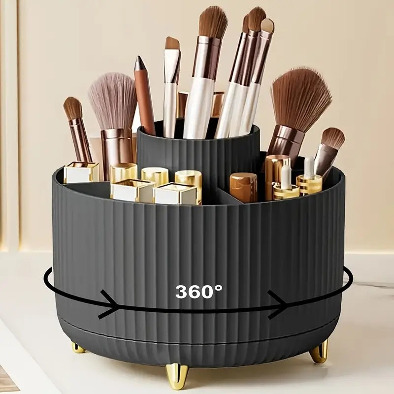 360° Rotating Makeup Brush Organizer for Vanity – 5-Compartment PP