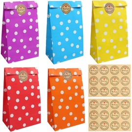 Papier-Partytüten, bunte Geschenktüten für Lebensmittel, Süßigkeiten, Geschenktüten mit Dankesaufklebern für Kinder, Party, Geburtstag, Valentinstag, Hochzeit, Geschenke (13 x 24 cm), 20 Stück
