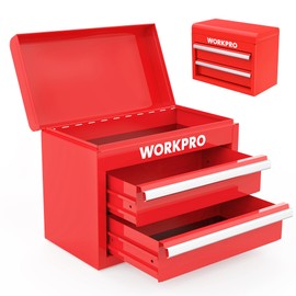 WORKPRO Mini Metal Tool Box with 2 Drawers and Top Storage, Small Tool Chest with PVC Liners and PP Feet Pads, Cold Rolled Steel Toolbox with Magnetic Tab