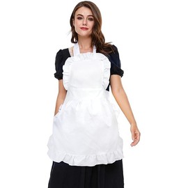 Women's Apron White Ruffles Cute Ruffle Hem Kitchen Plain Apron Dirndl Apron Lace Maid Costume Suitable for Kitchen 85 x 65 cm, White