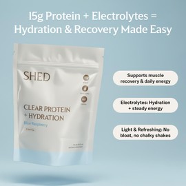 Clear Protein Powder with Electrolytes by Shed, 15g Whey Protein Isolate, Low Calorie and Lactose Free, Light and Clean Hydration Drink, Bloat-Free Post Workout Supplement, Blue Razz (15 Servings)