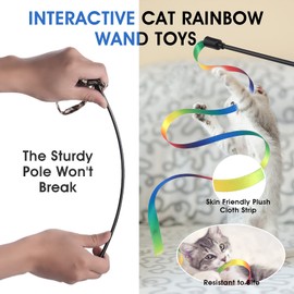 Cobee 3 Packs Cat Wand Toy Set, 30cm Cat Interactive Wand with 60cm Rainbow Ribbon String+ Rainbow Cloth String + Leopard Print Cloth String for Pet Kitten Training Exerciser Kitten (3 Pcs)