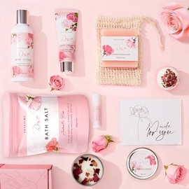 Regalos para Mujeres, Regalos de Cumpleaños para Mujeres, Canasta de Regalo de Baño y Cuerpo para el Día de la Madre, Set de Spa en Casa de Rosas para el Cuidado Personal, Gracias a Mamá, Hermana, Su